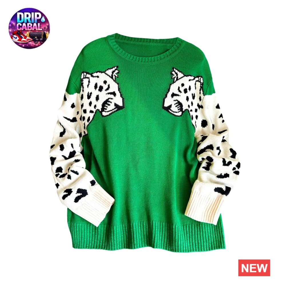 Leopard Print Fuzzy Knit Pullover Sweater Plus Size Crew Neck Long Sleeve